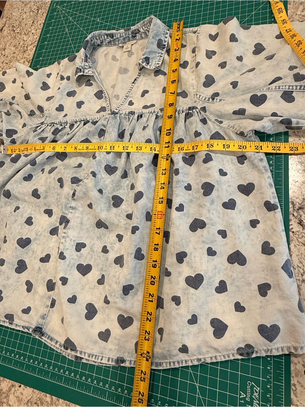 Cato Heart Print Chambray Babydoll Tunic Top Small Blue 3/4 Sleeve - Picture 4 of 9